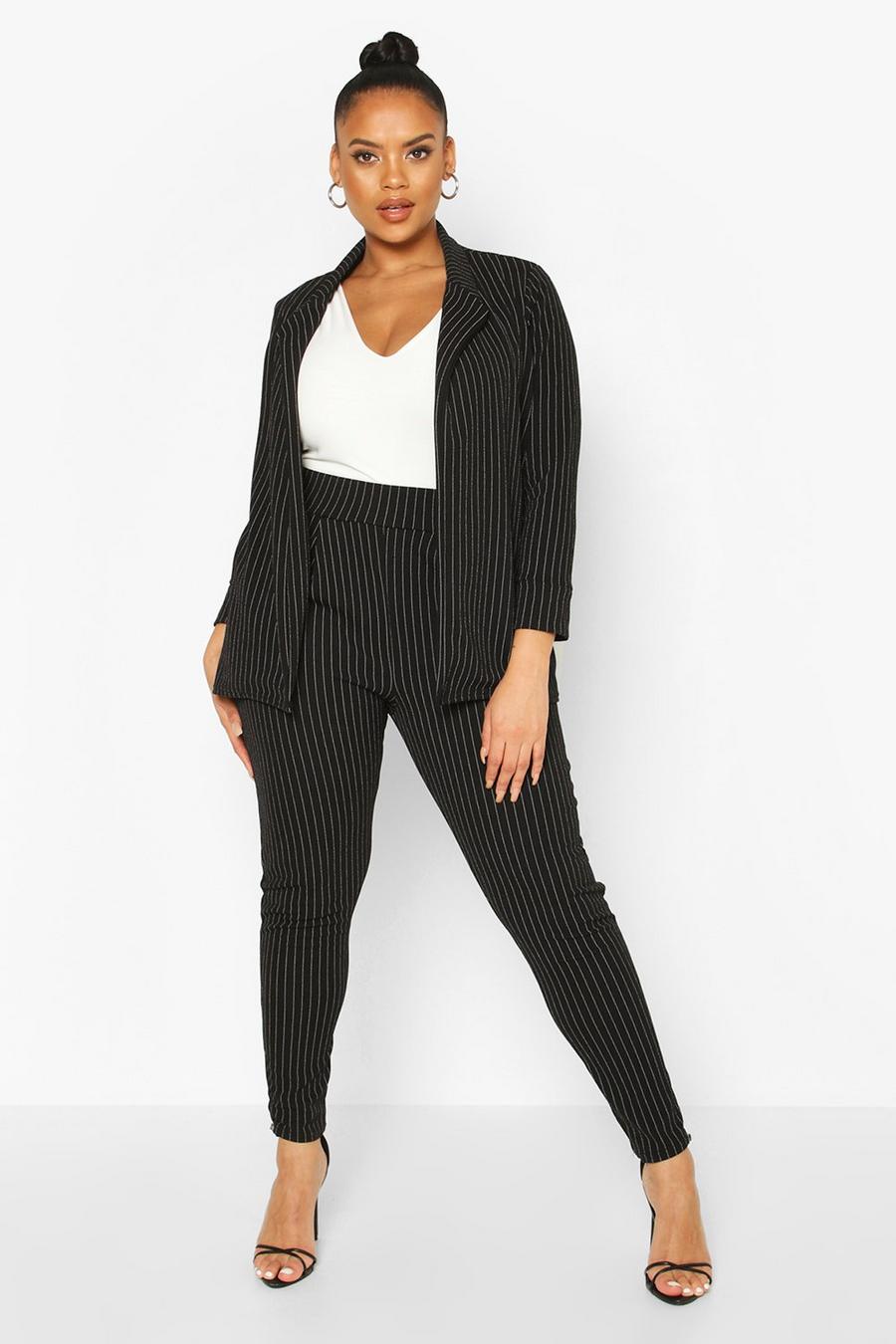 Black Plus Pinstripe Tailored Blazer Pants Co-Ord image number 1