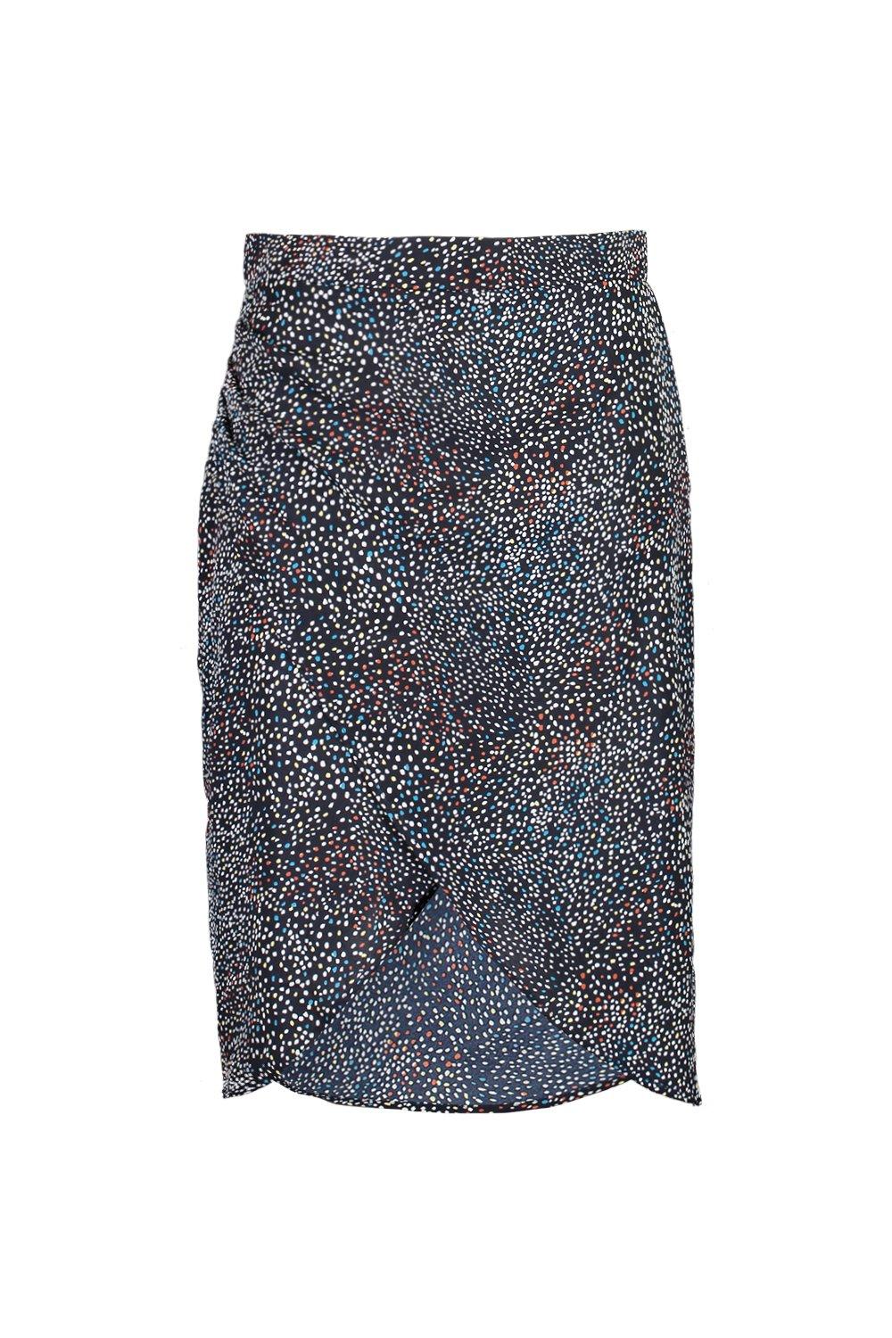 Boohoo exclusive satin wrap midi skirt in spot print sale