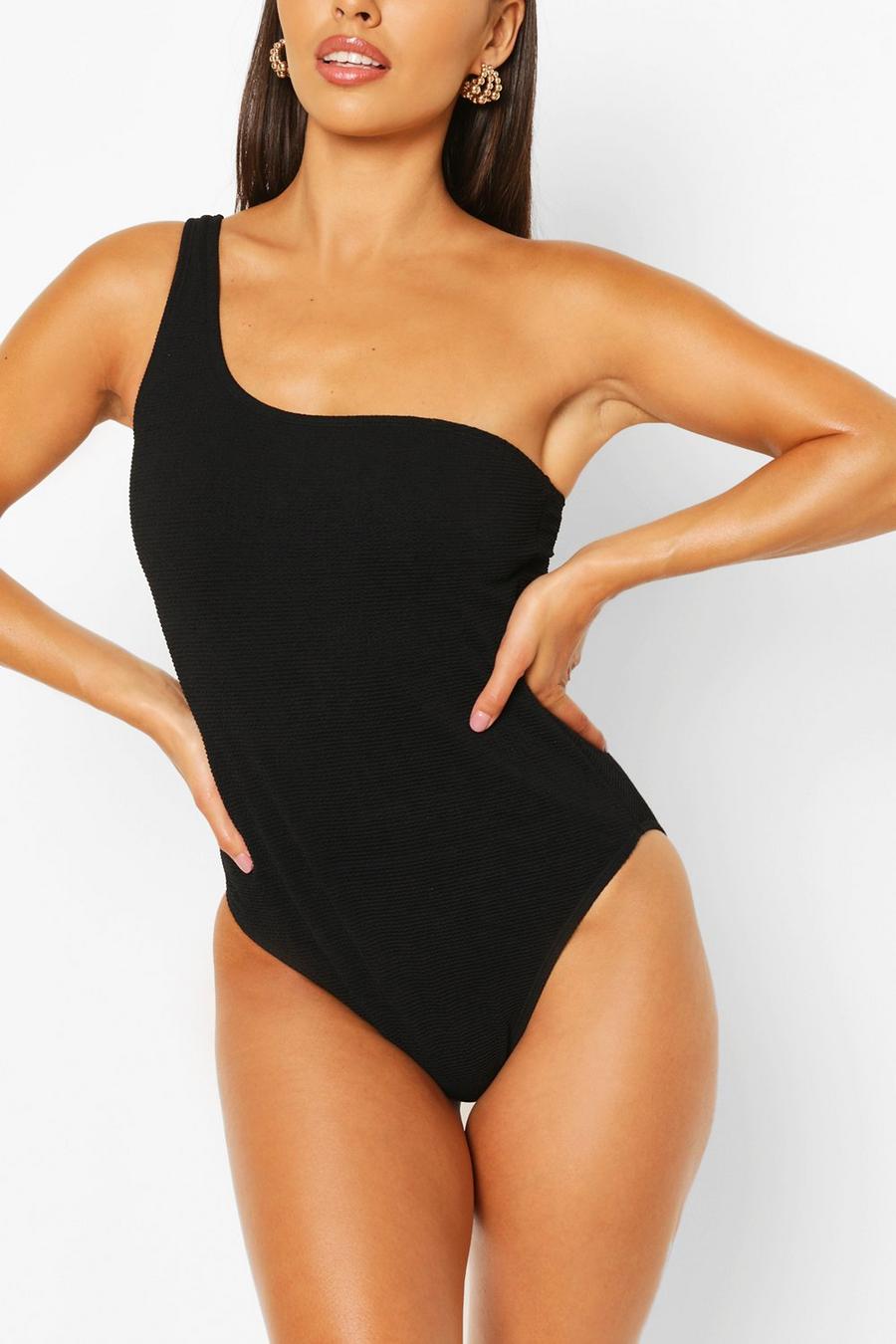 Black Petite Crinkle One Shoulder Swimsuit image number 1