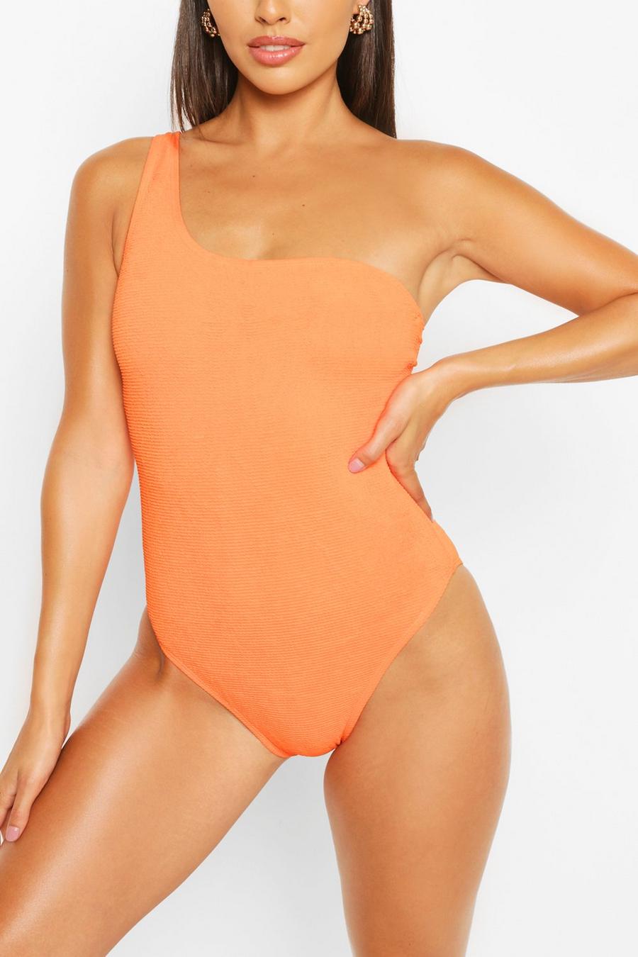 Orange Petite Crinkle One Shoulder Swimsuit image number 1