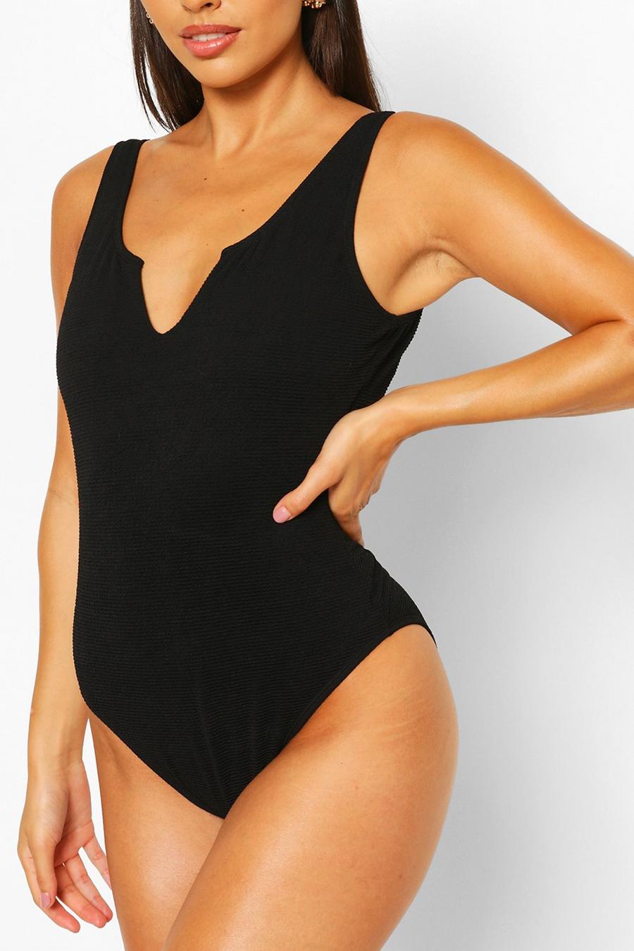 Black Petite Crinkle Scoop Neck Swimsuit image number 1