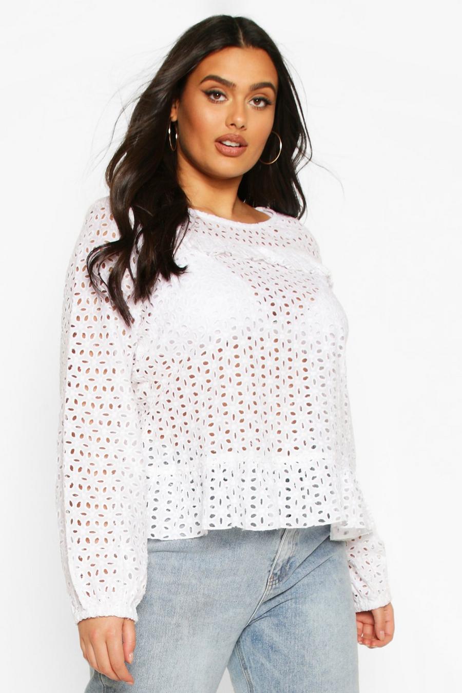 White Plus Broderie Ruffle Long Sleeve Blouse image number 1