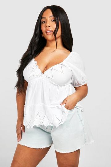 Grande taille - Top en broderie anglaise à smocks blanc