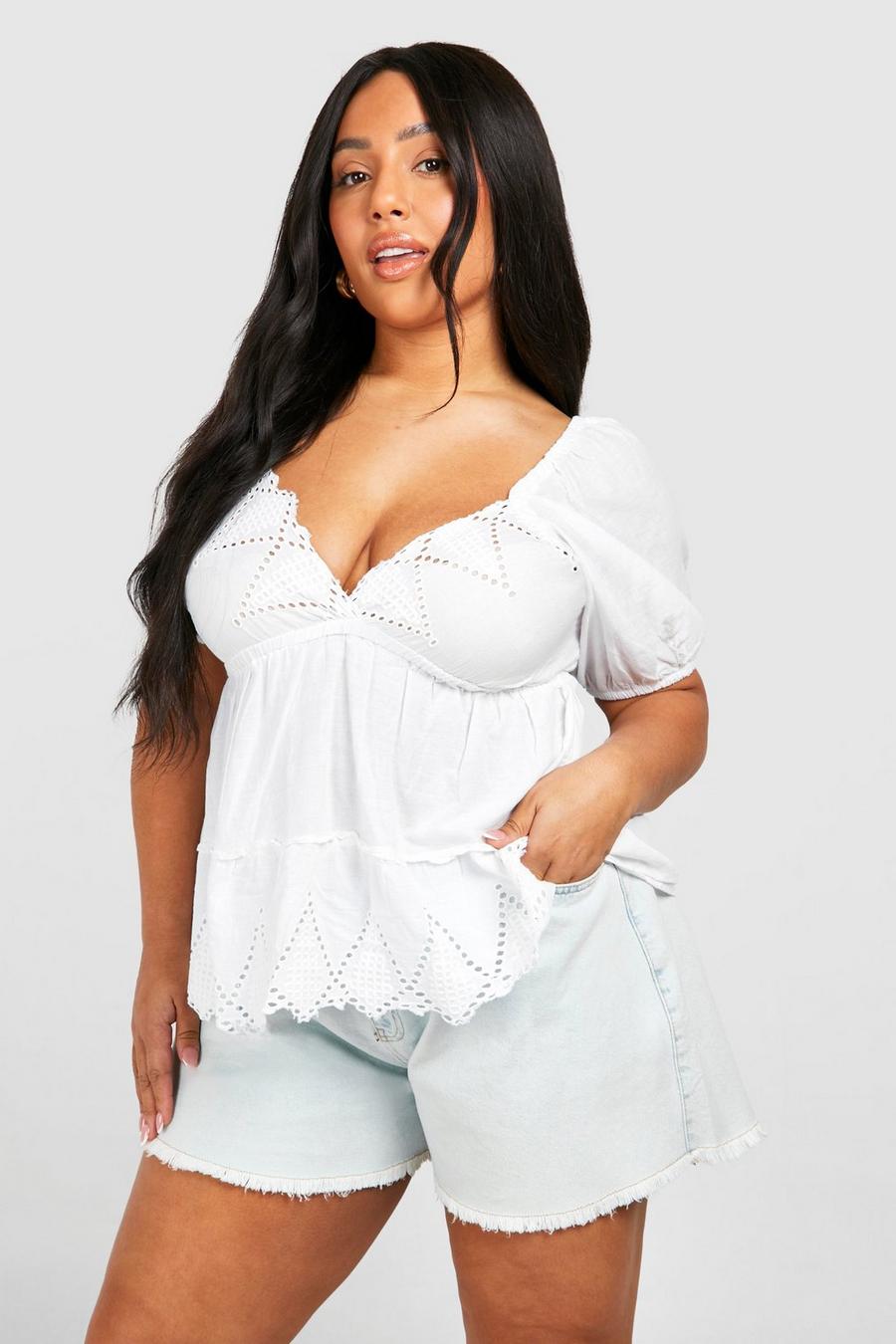 Grande taille - Top en broderie anglaise à smocks, Blanc weiß