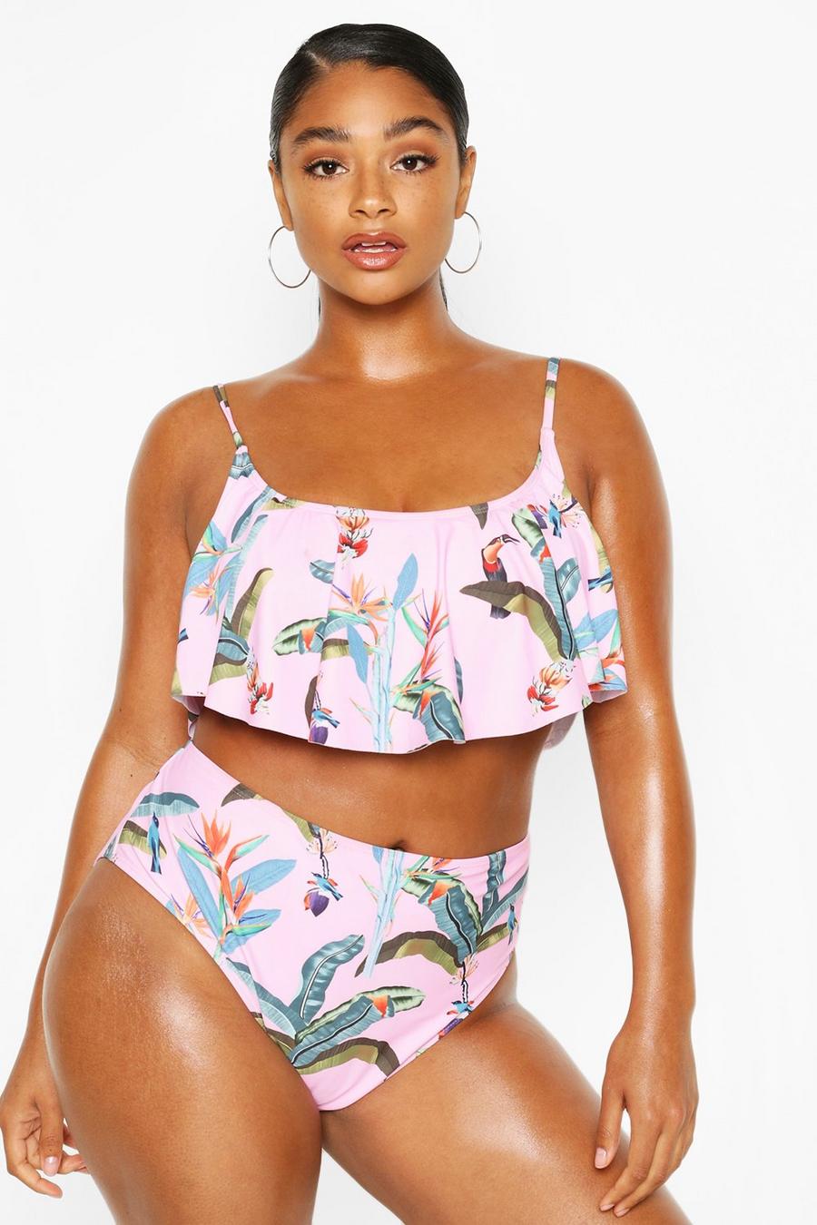 Plus - Bikini med tropiskt bladmönster, hög midja och volanger image number 1
