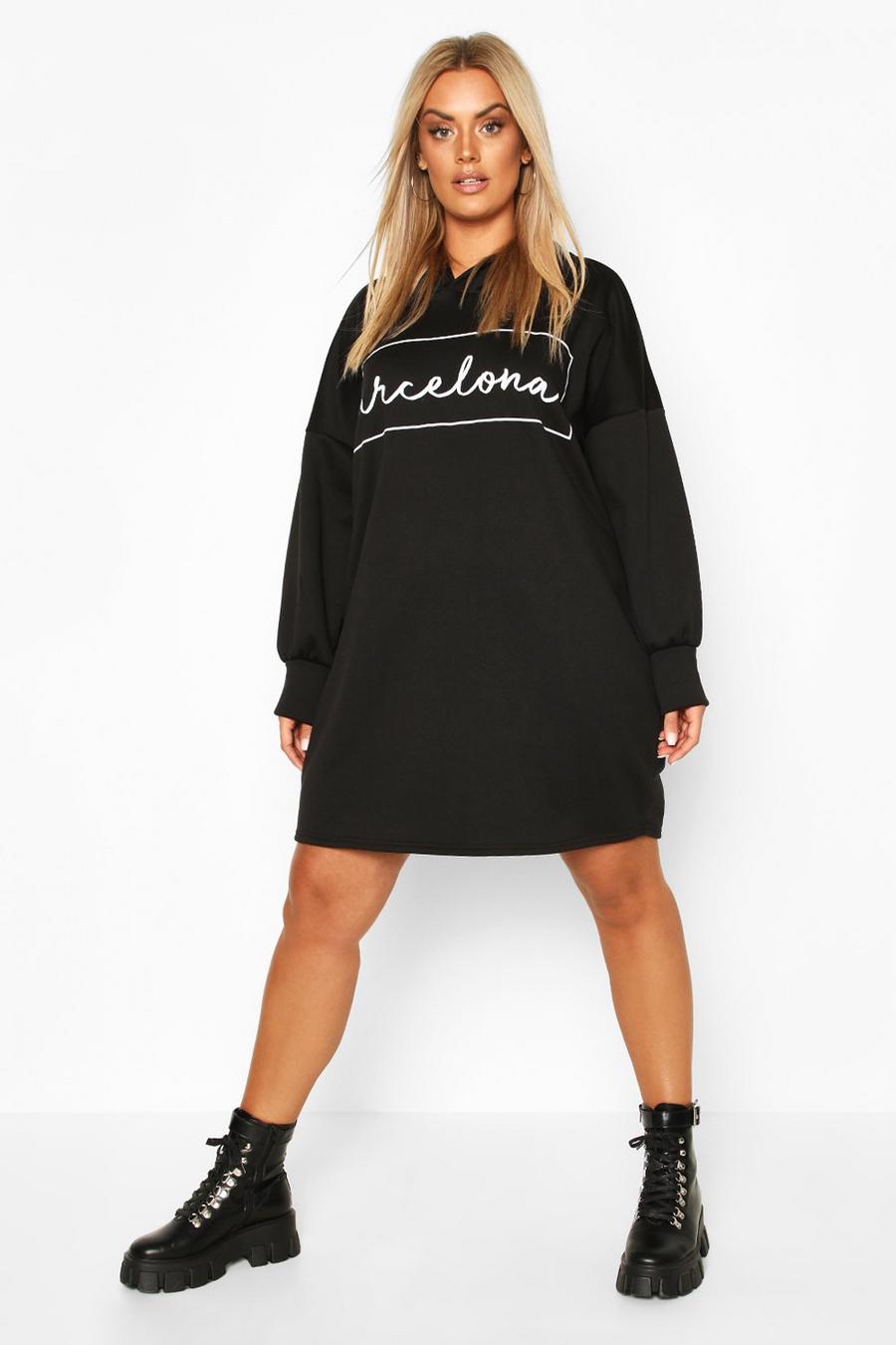 Plus Oversize Barcelona Sweatshirt-Kleid mit Kapuze, Schwarz image number 1