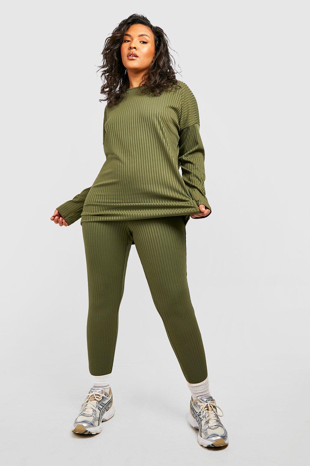 Plus Size Rib Knit Solid Long Sleeve Hoodie Tops & Leggings Set; Women's  Plus High Stretch Casual 2pcs Set Co-ords