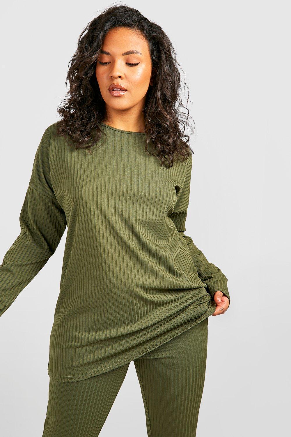 Plus Khaki Ribbed Leggings, Plus Size