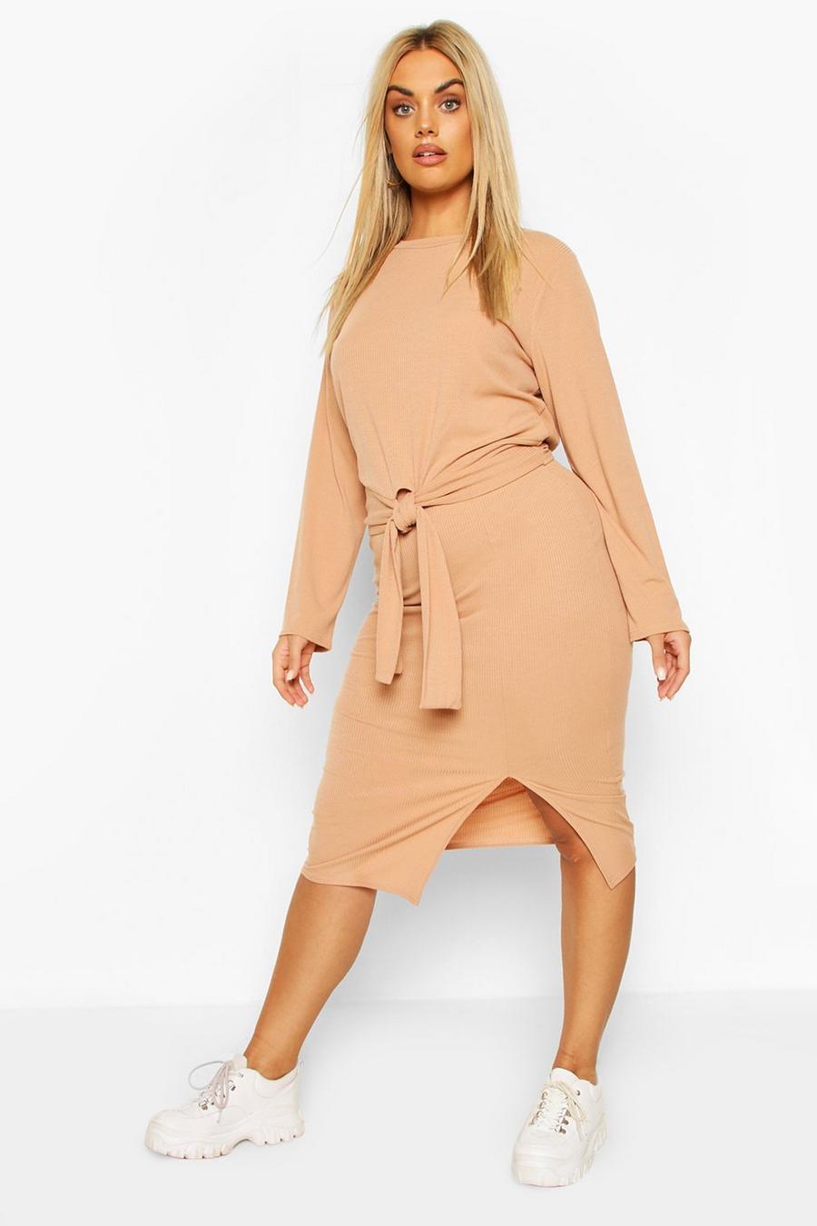 Camel Plus Soft Rib Top & Midi Skirt Two-Piece image number 1
