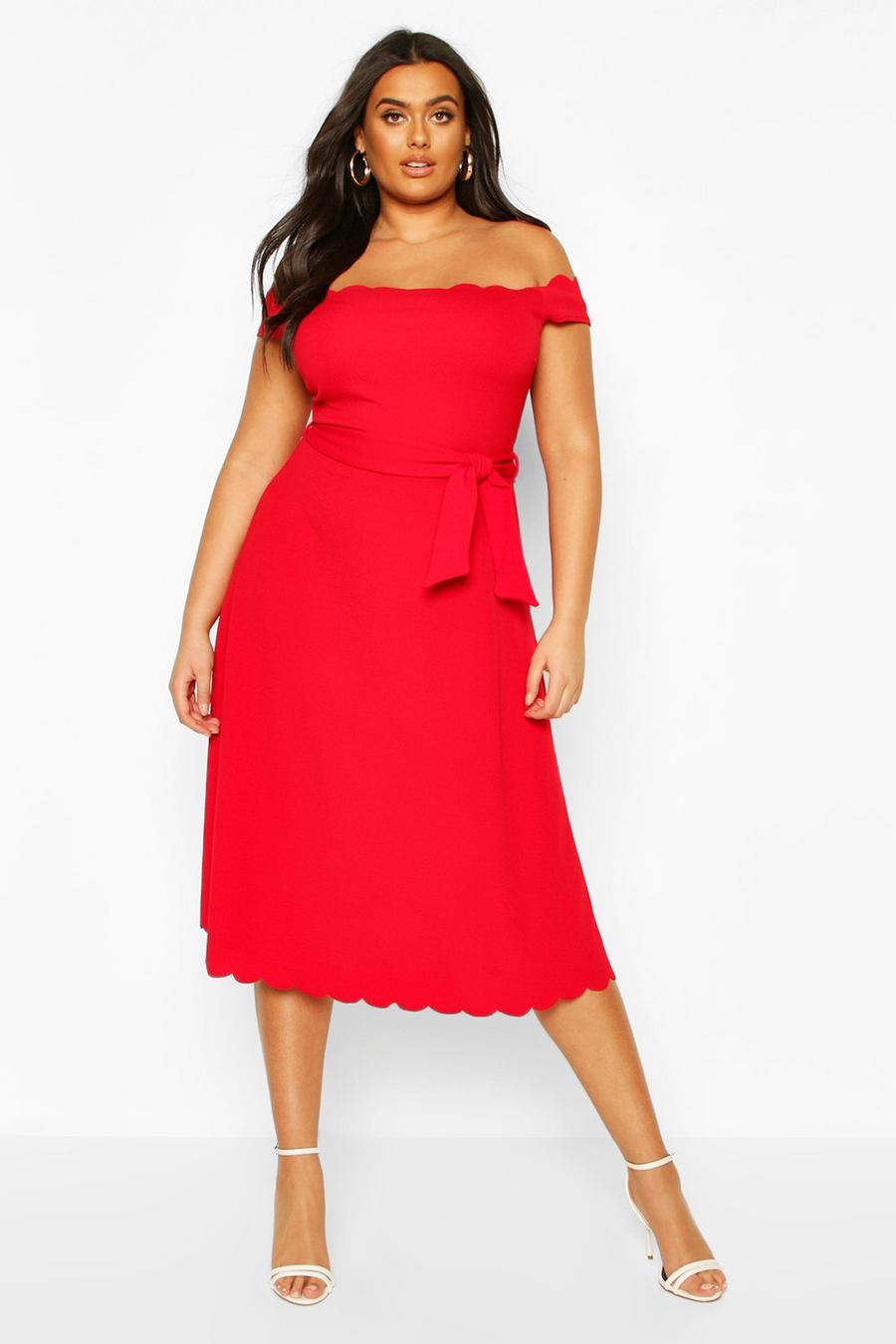 Red Plus Scallop Edge Off The Shoulder Midi Dress image number 1