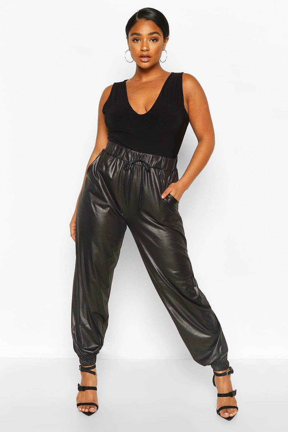 black leather joggers womens