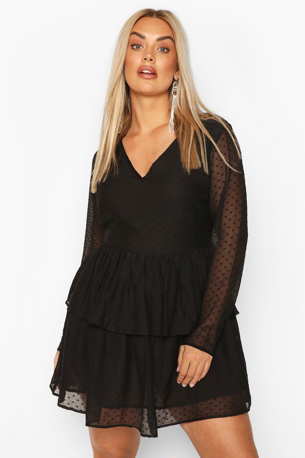 black dobby mesh ruffle skater dress