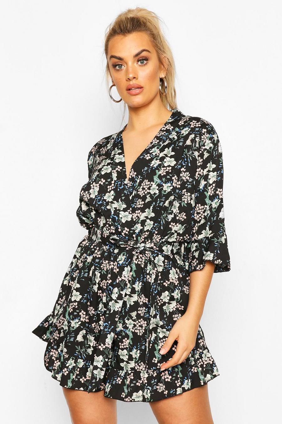 Plus - Blommig playsuit i omlottmodell med knytskärp image number 1