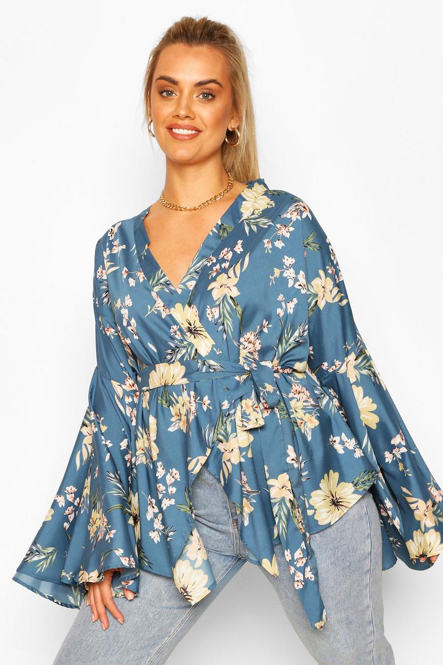 Blue Plus Extreme Wide Sleeve Wrap Top