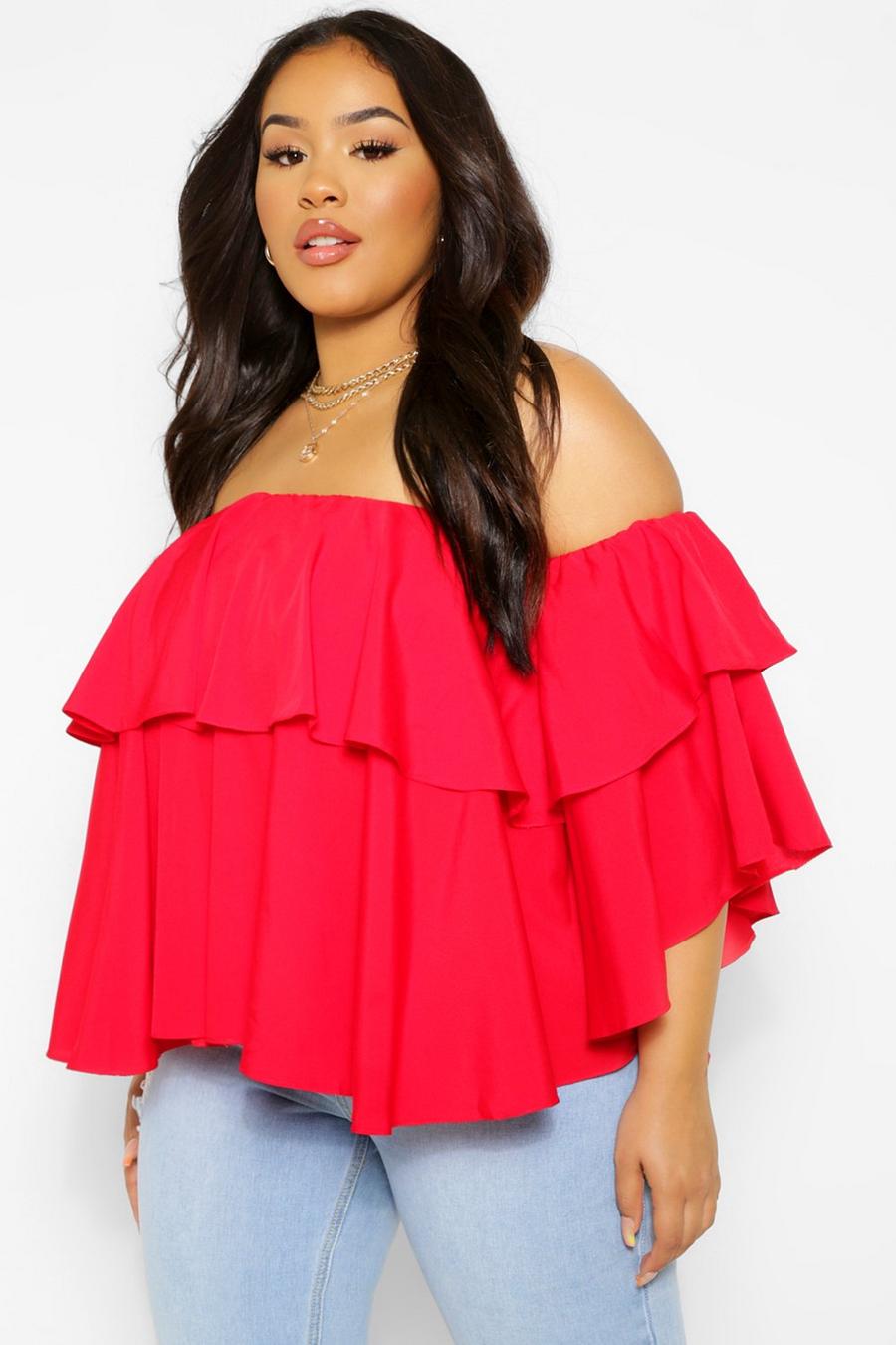 Red Plus Off The Shoulder Ruffle Peplum Top image number 1