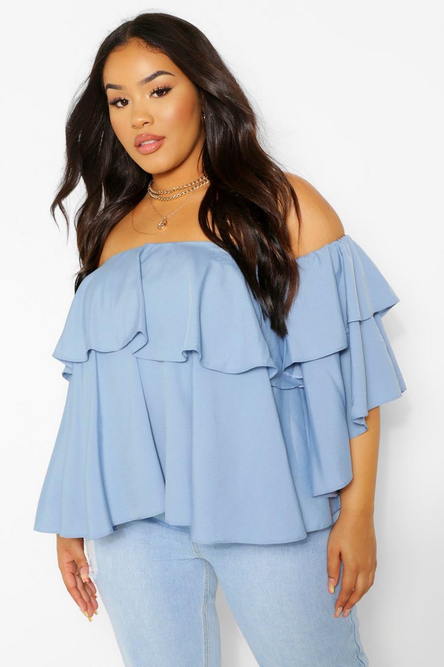 Sky blue Plus Off The Shoulder Ruffle Peplum Top image number 1