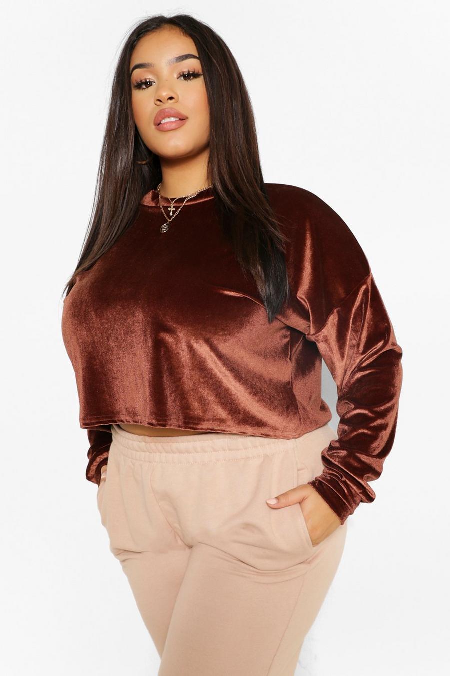 Chocolate Velour Slouchy Crop Top image number 1
