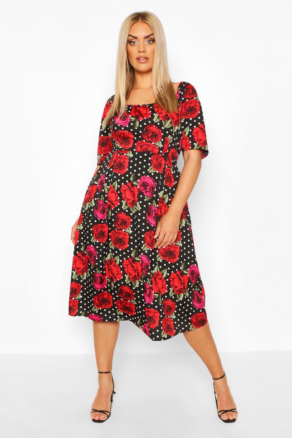 Plus Polka Dot Rose Print Midi Dress 