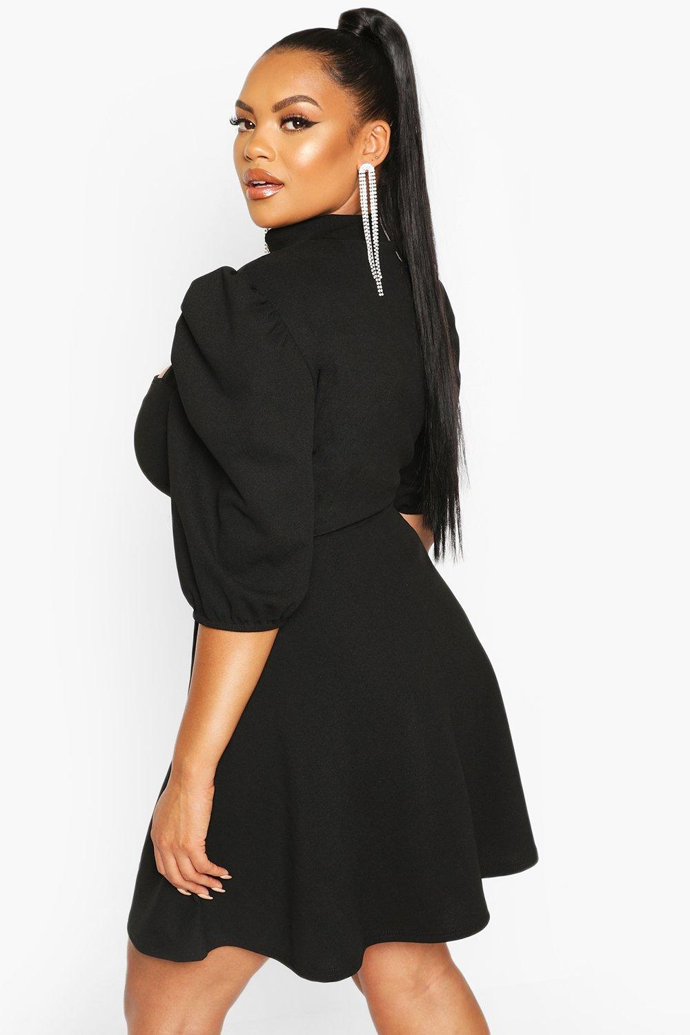 Plus Choker Cut Off Puff Sleeve Peplum Dress boohoo NO