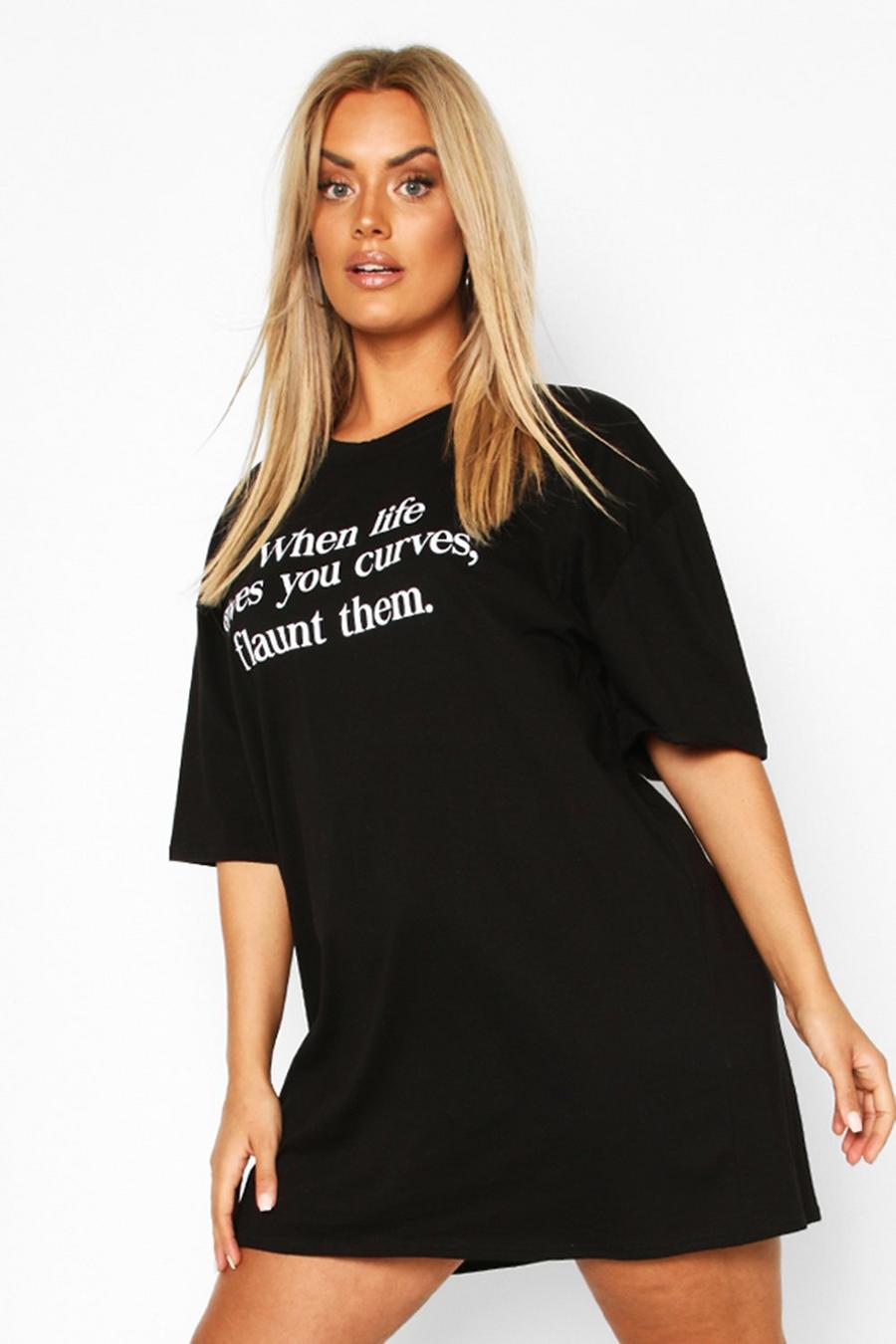 Vestido estilo camiseta con eslogan "Flaunt Curves" Plus, Negro nero image number 1