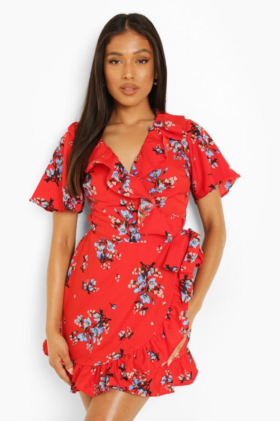 Red Petite Floral Ruffle Tea Dress image number 1
