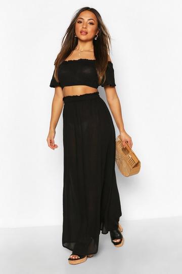 Petite Cheesecloth Off Shoulder Top & Maxi Co-Ord black