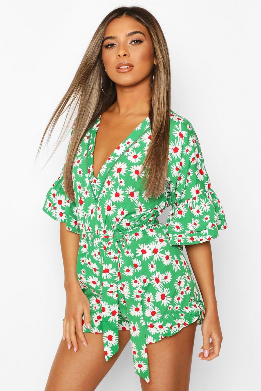 Green Petite Daisy Print Ruffle Sleeve Playsuit image number 1