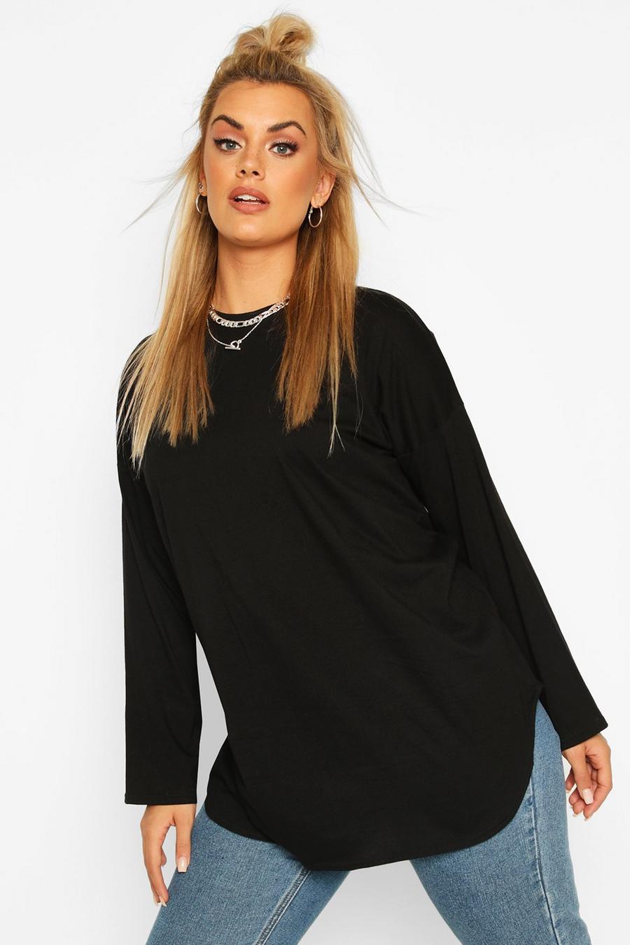 Camiseta Plus oversize de algodón con curva en el filo, Negro image number 1