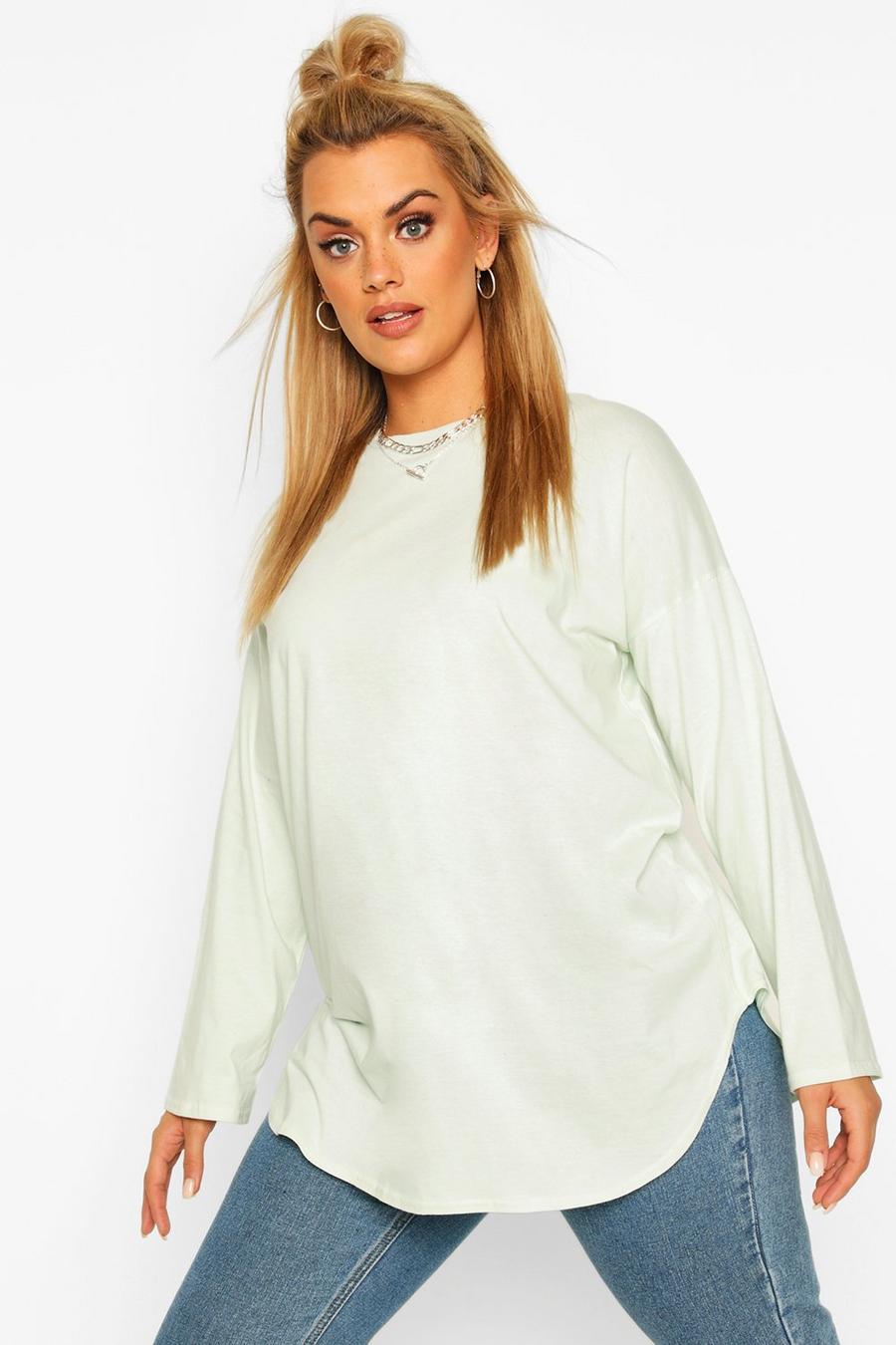 Camiseta Plus oversize de algodón con curva en el filo, Verde salvia image number 1