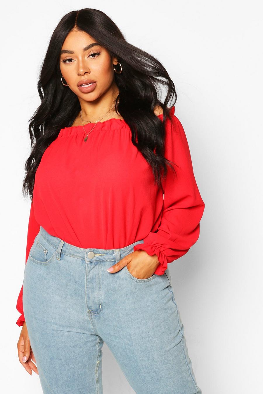 Red Plus Off The Shoulder Woven Bodysuit