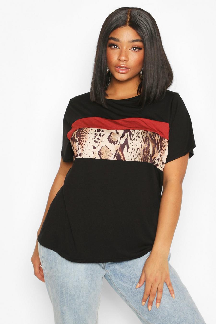 Plus T-Shirt im Colorblock-Design mit Leopardenmuster, Schwarz image number 1