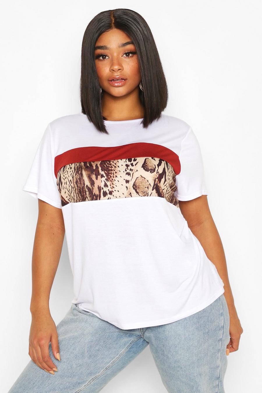 Plus T-Shirt im Colorblock-Design mit Leopardenmuster, Weiß image number 1
