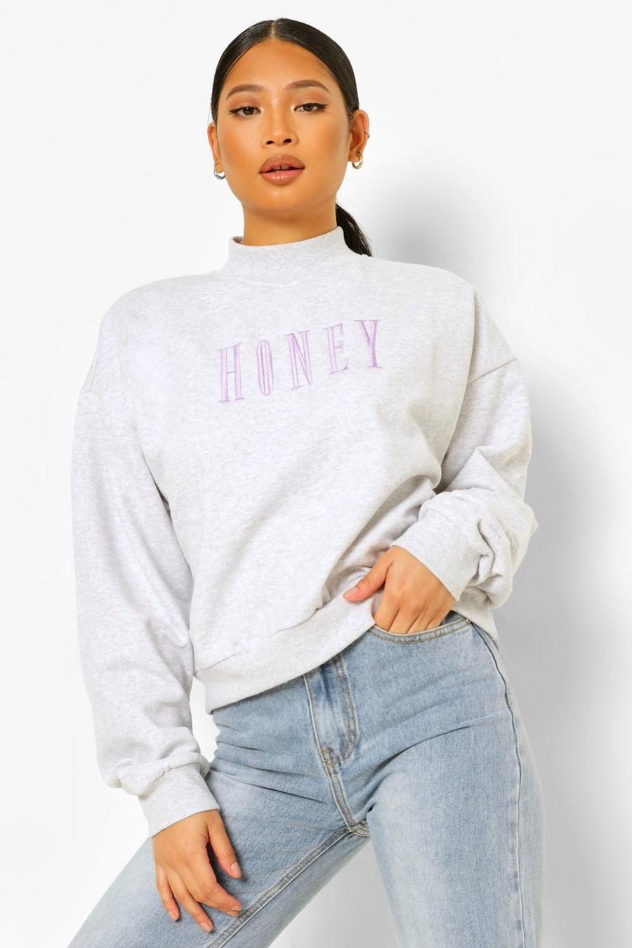 Grey marl Petite - "Honey" Sweatshirt med broderad slogan image number 1