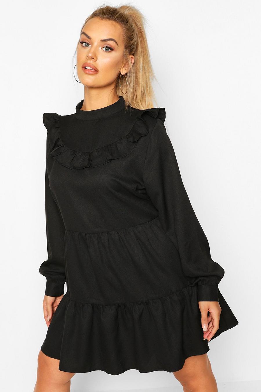 Black Plus High Neck Ruffle Tiered Smock Dress image number 1