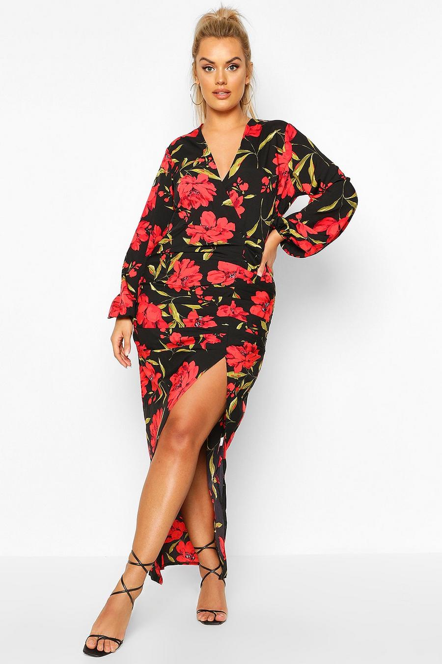 Visiting grandparents over there Blueprint Plus Floral Wrap Ruched Front Midaxi Dress | boohoo
