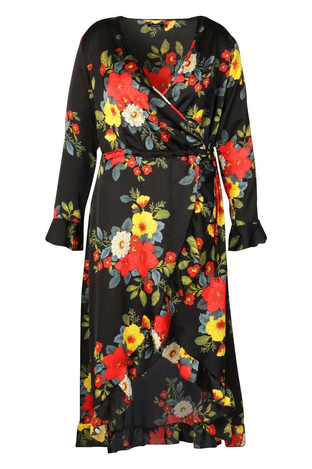boohoo ruffle wrap midi dress in floral