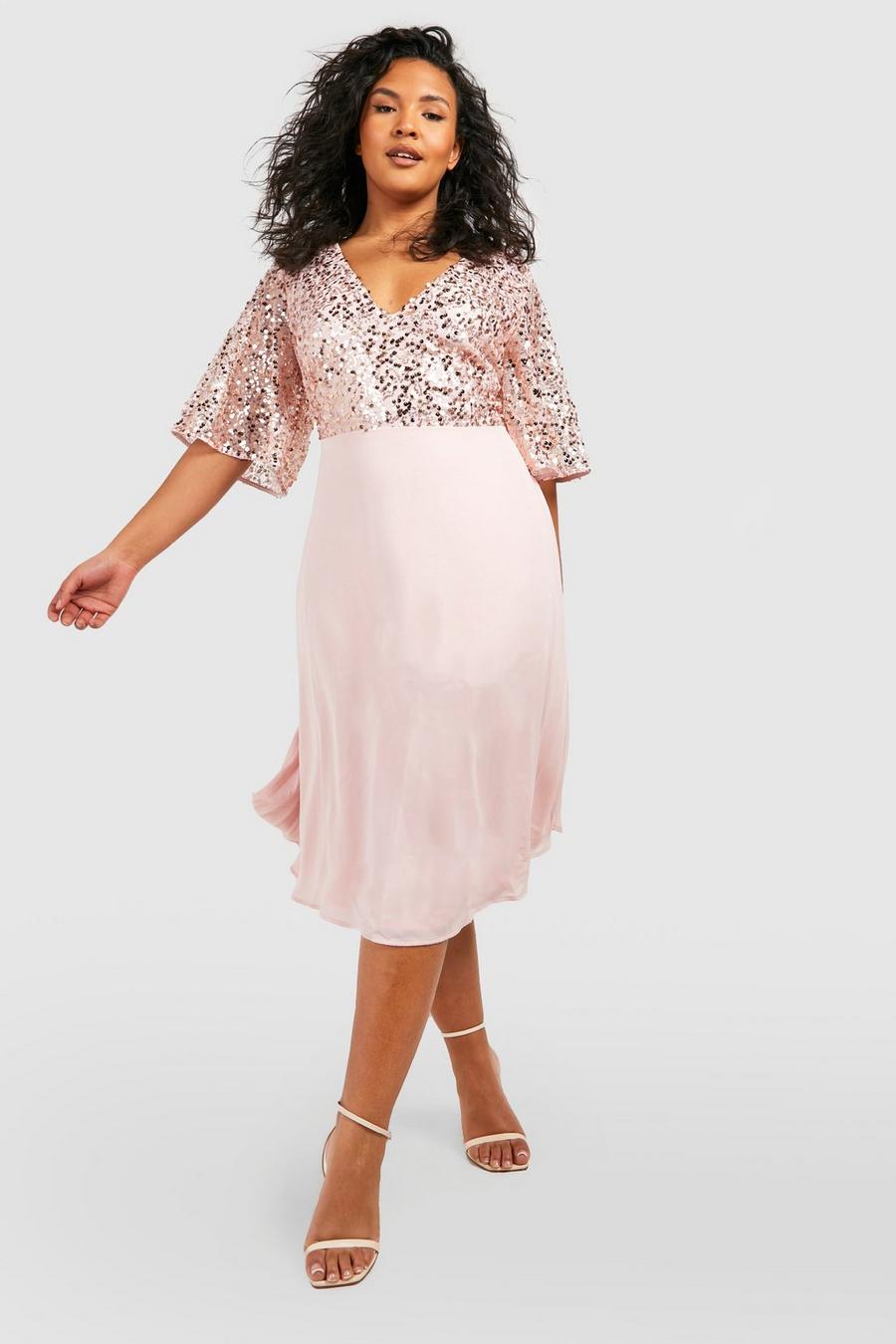 Blush pink Plus Occasion Sequin Angel Sleeve Midi Dress image number 1