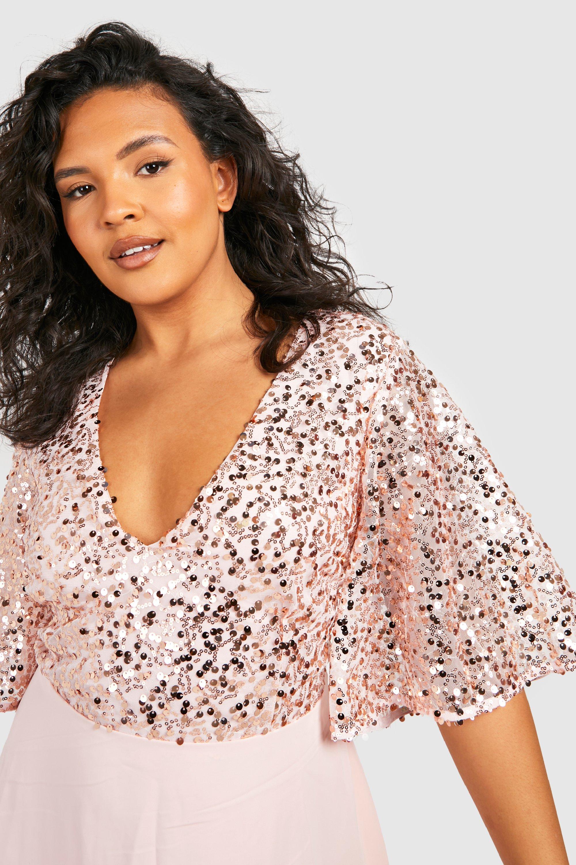 Grande taille Robe mi longue paillettes et manches volant es