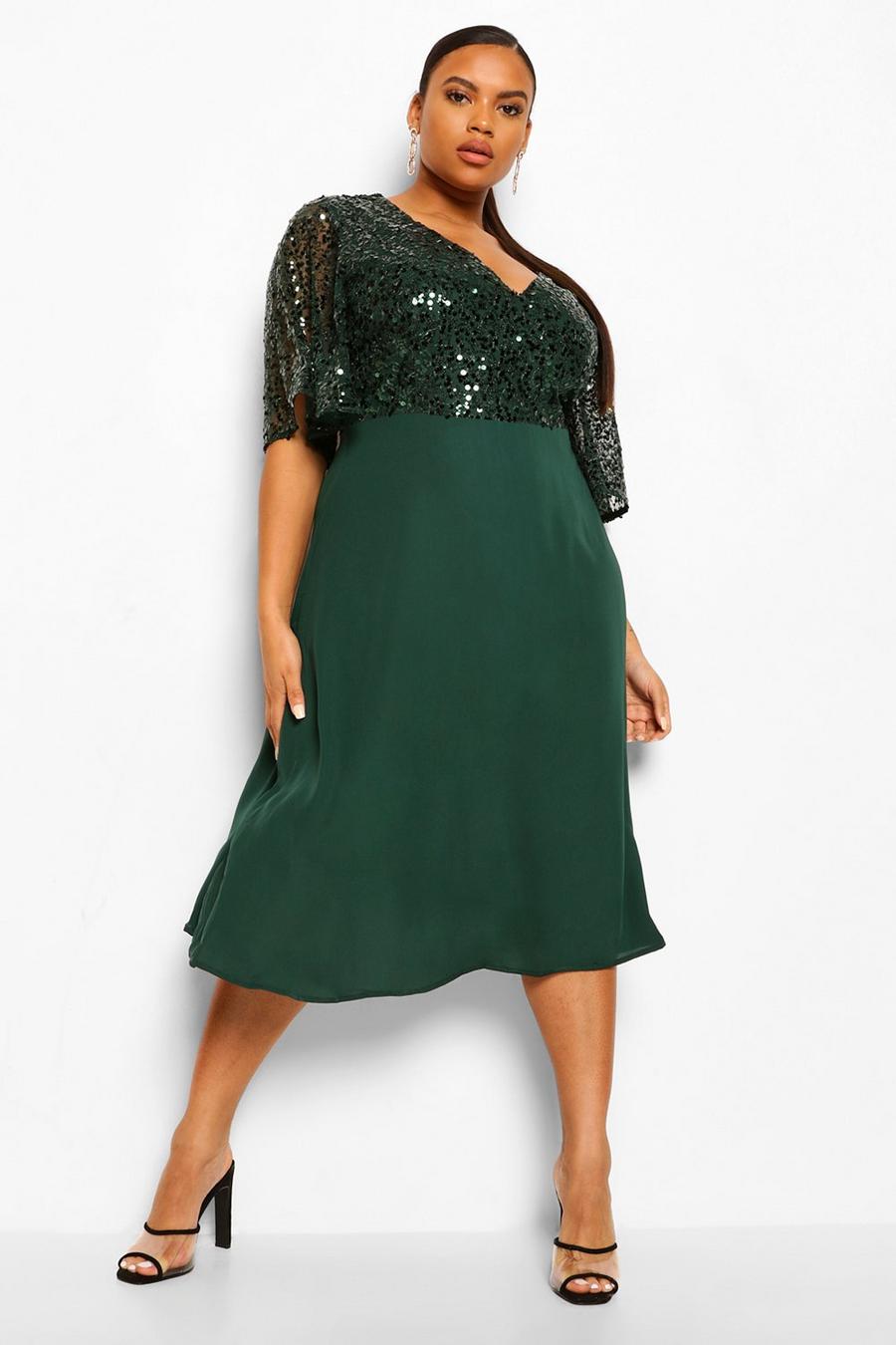 Emerald Plus Occasion Sequin Angel Sleeve Midi Dress image number 1
