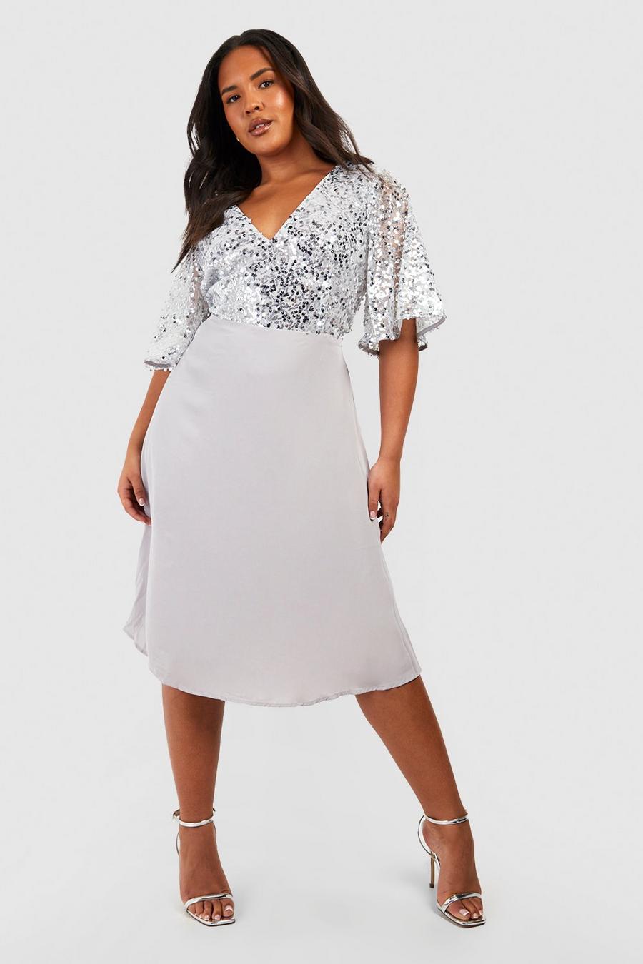 Silver Plus Occasion Sequin Angel Sleeve Midi Dress image number 1