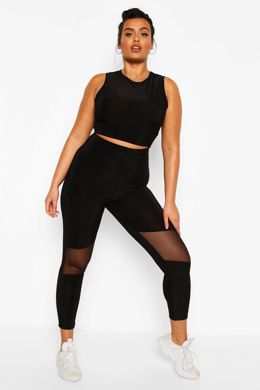 Black Plus Soft Touch Mesh Cut Out Gym Leggings image number 1