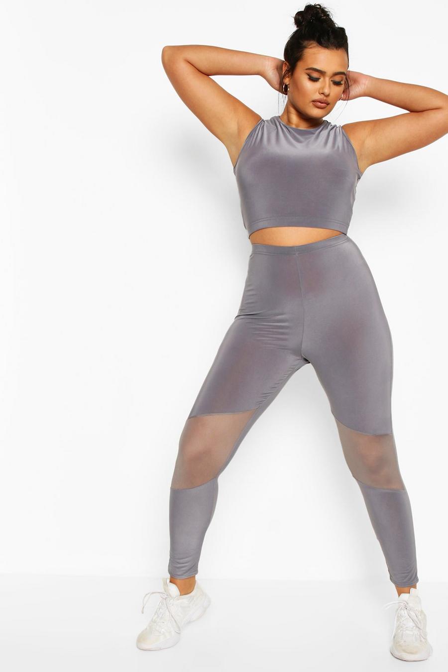 Dark grey Plus Activewear Mesh Cut Out Workout Leggings image number 1