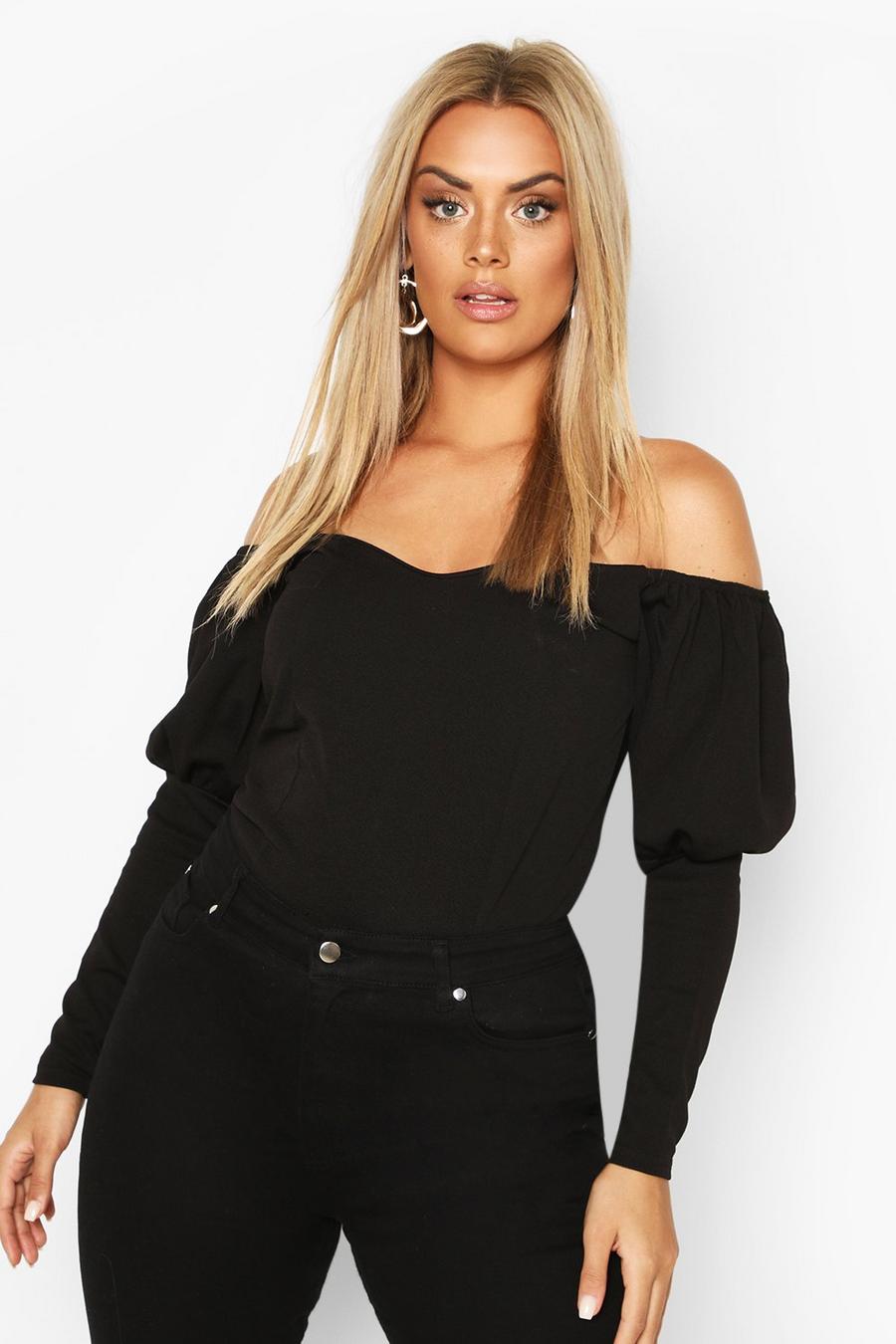 Black Plus Off Shoulder Puff Sleeve Fitted Top image number 1