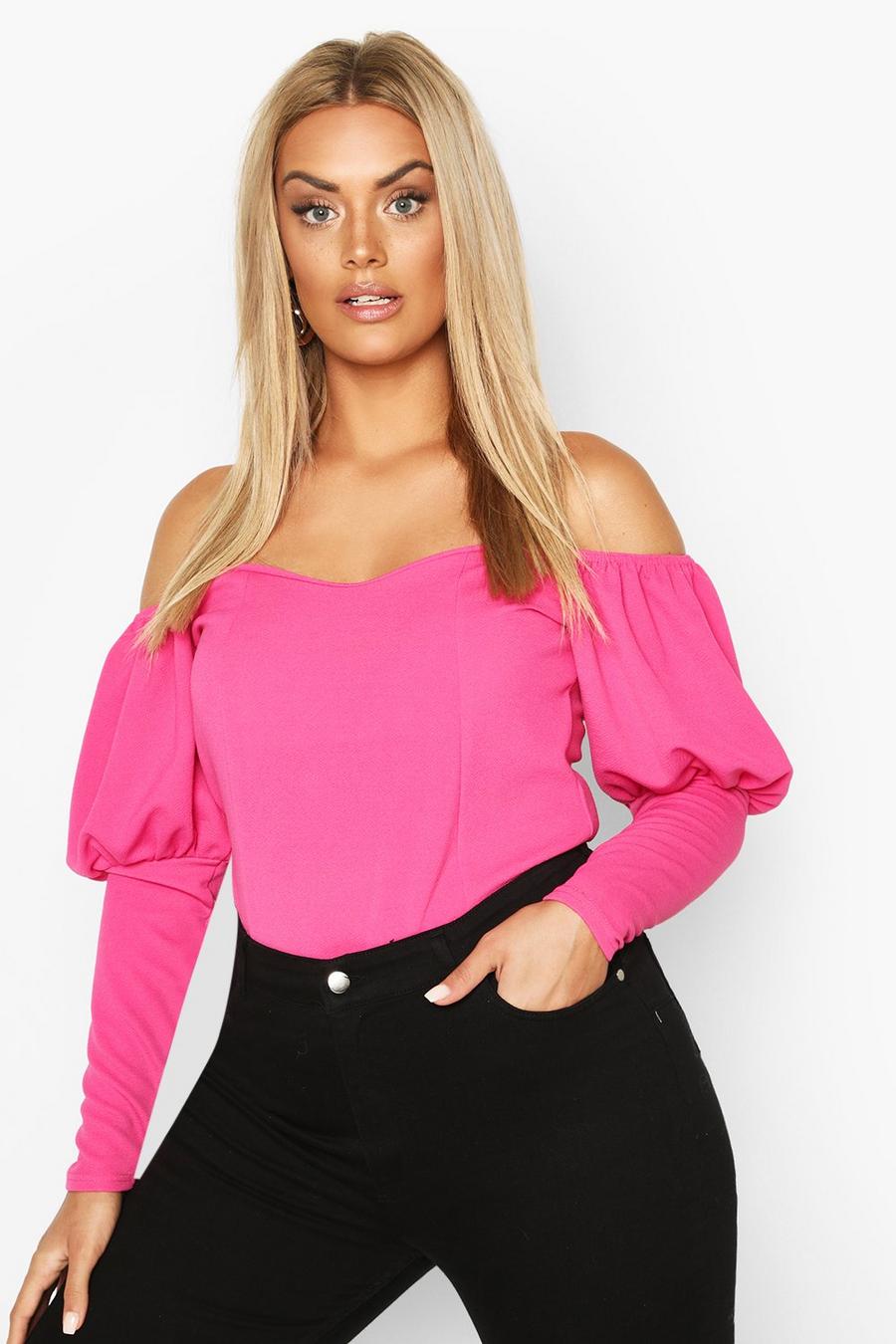 Fushia Plus Off Shoulder Puff Sleeve Fitted Top image number 1