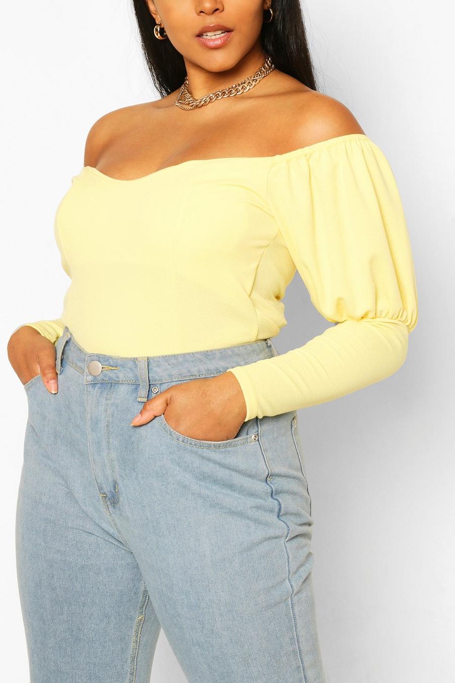 Yellow Plus Off Shoulder Puff Sleeve Fitted Top image number 1