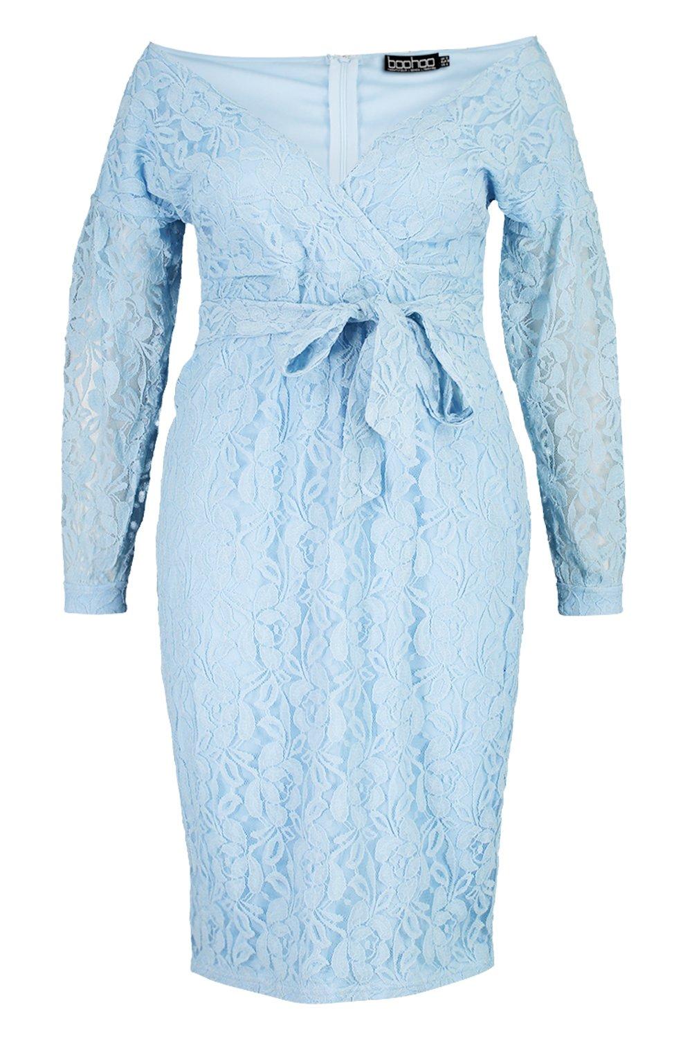 boohoo Plus Lace Off The Shoulder Midi Dress - Blue - Size 12