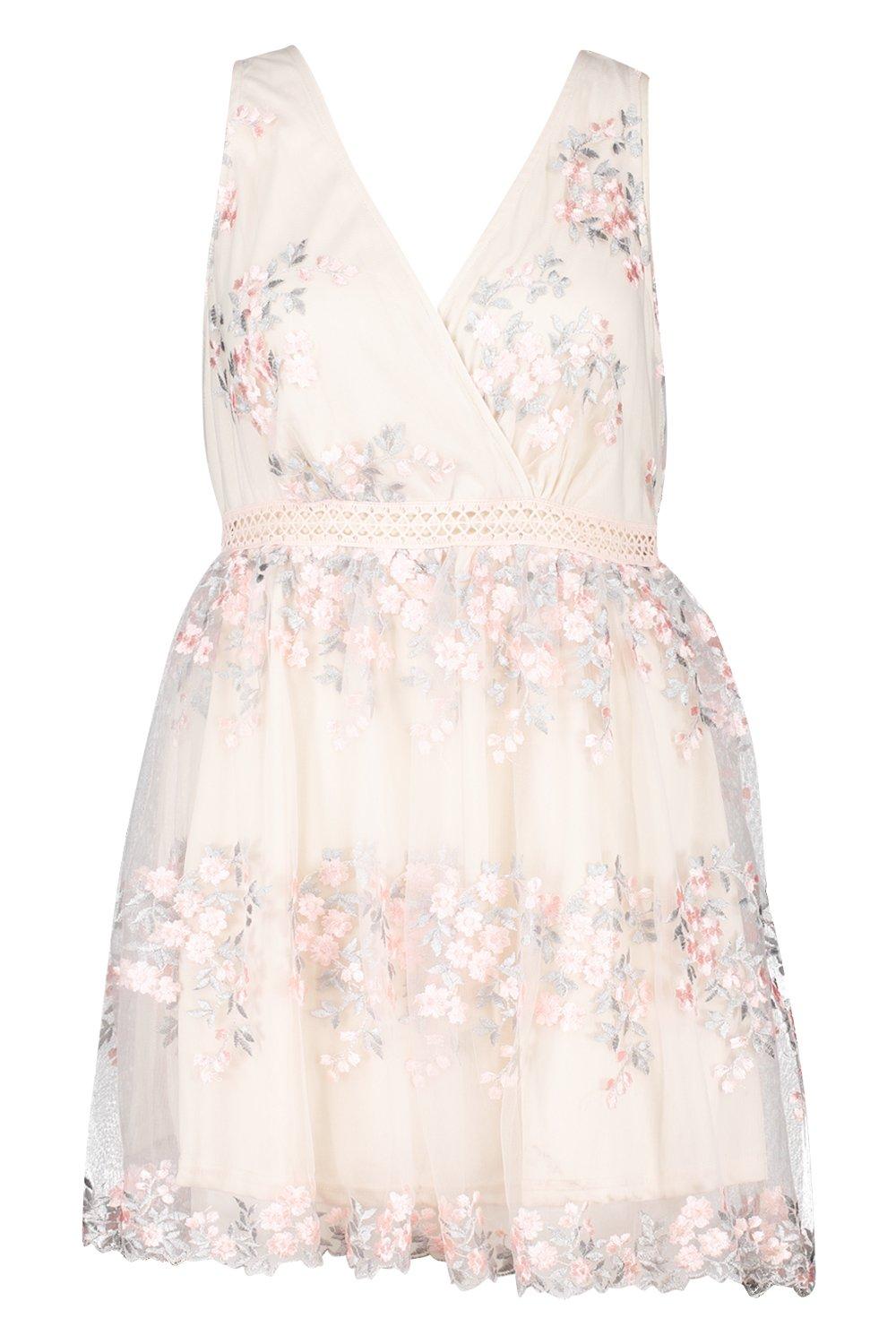 Boohoo Occasion Floral Embroidery Wrap Skater Dress