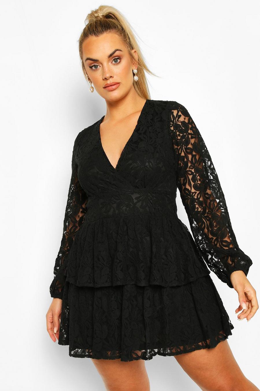 שחור שמלת סקייטר עם מחשוף תחרה עמוק ומלמלה מידות גדולות image number 1