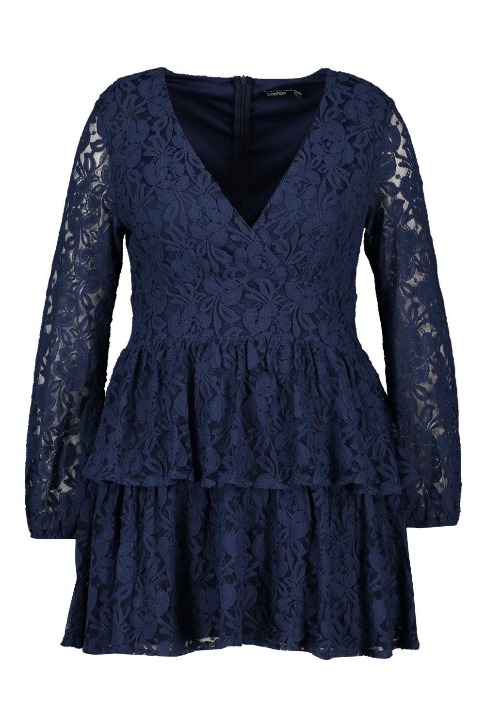 Boohoo flare sleeve outlet lace dress in navy