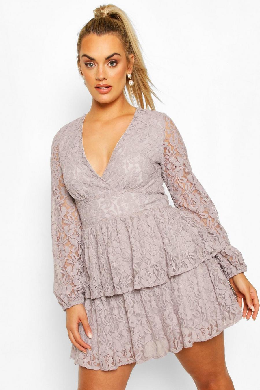 Silver grey Plus Lace Plunge Ruffle Skater Dress image number 1